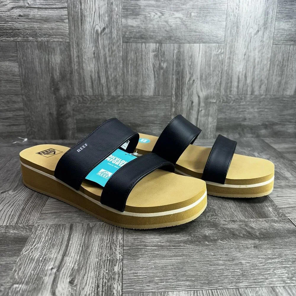 Reef Vista Hi Black Tan Platform Sandals Vegan Leather Slides Women Size 10